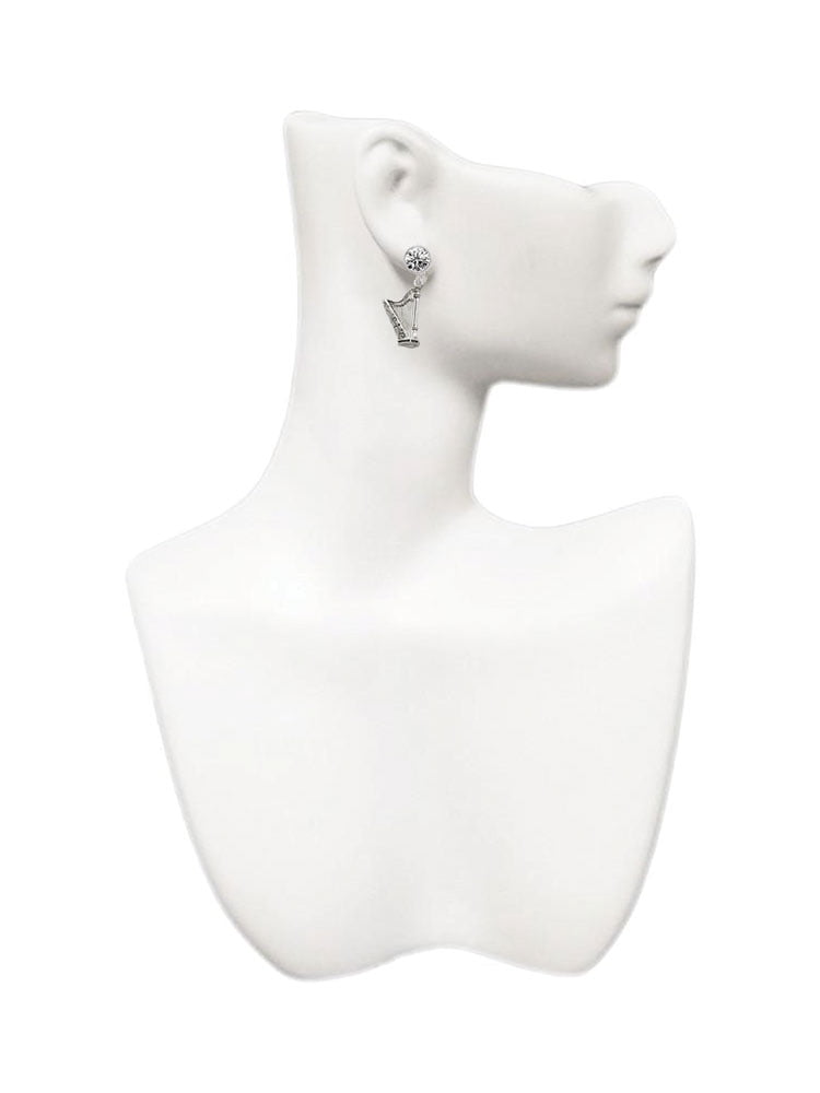 Silvertone Harp Clear Crystal Clip On Earrings