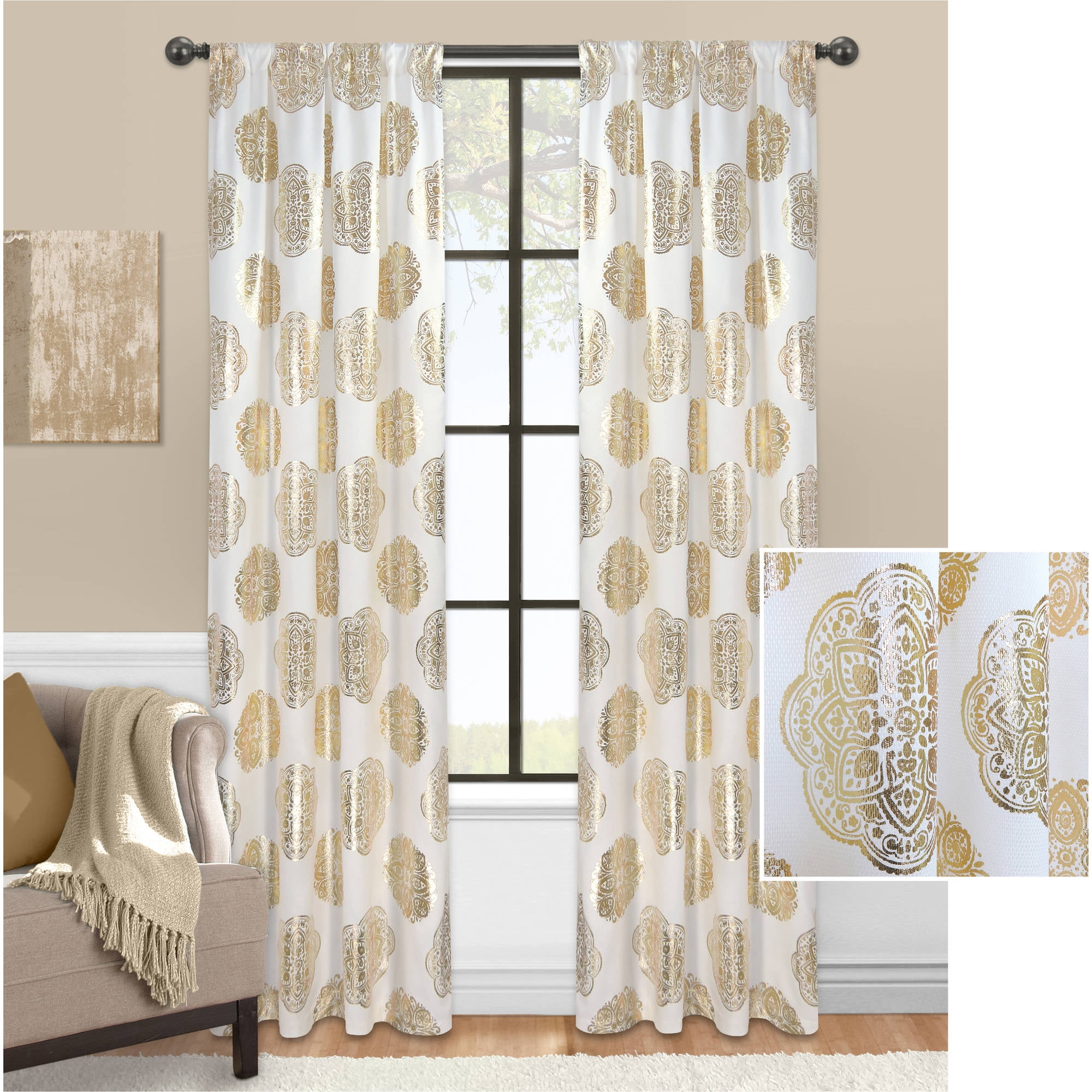 Mainstays Medallion Metallic  Foil Window Curtain  Panel 