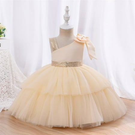 

Aayomet Baby Girl Clothes Pageant Party Dress Long Princess Wedding Sloping Collar Sleeveless Double Mesh Skirt With Bow Beige 6-12 Months