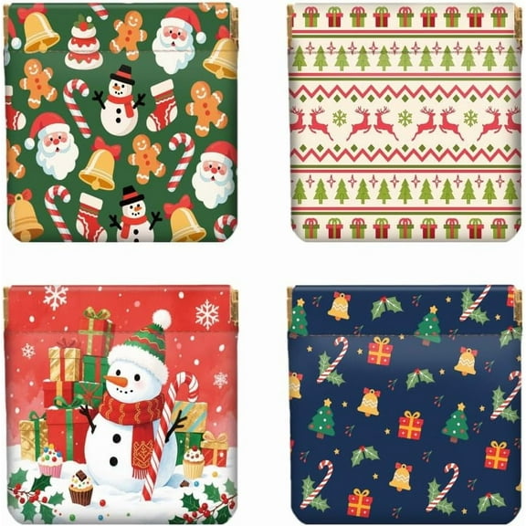 4Pcs Small Leather Squeeze Coin Purse for Women-Christmas Elements Pattern Waterproof & Durable Change Pouch Mini Money Wallet Best Gift for Adult Girls