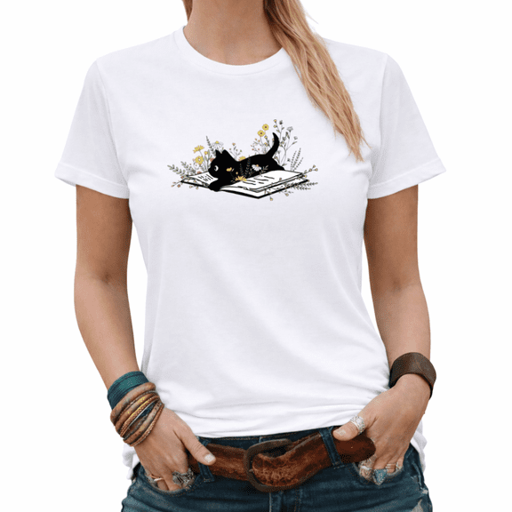 Black Cat Reading Book Wildflower Graphic Tees Womans Tshirt Shirts Black/White S-5XL Tops