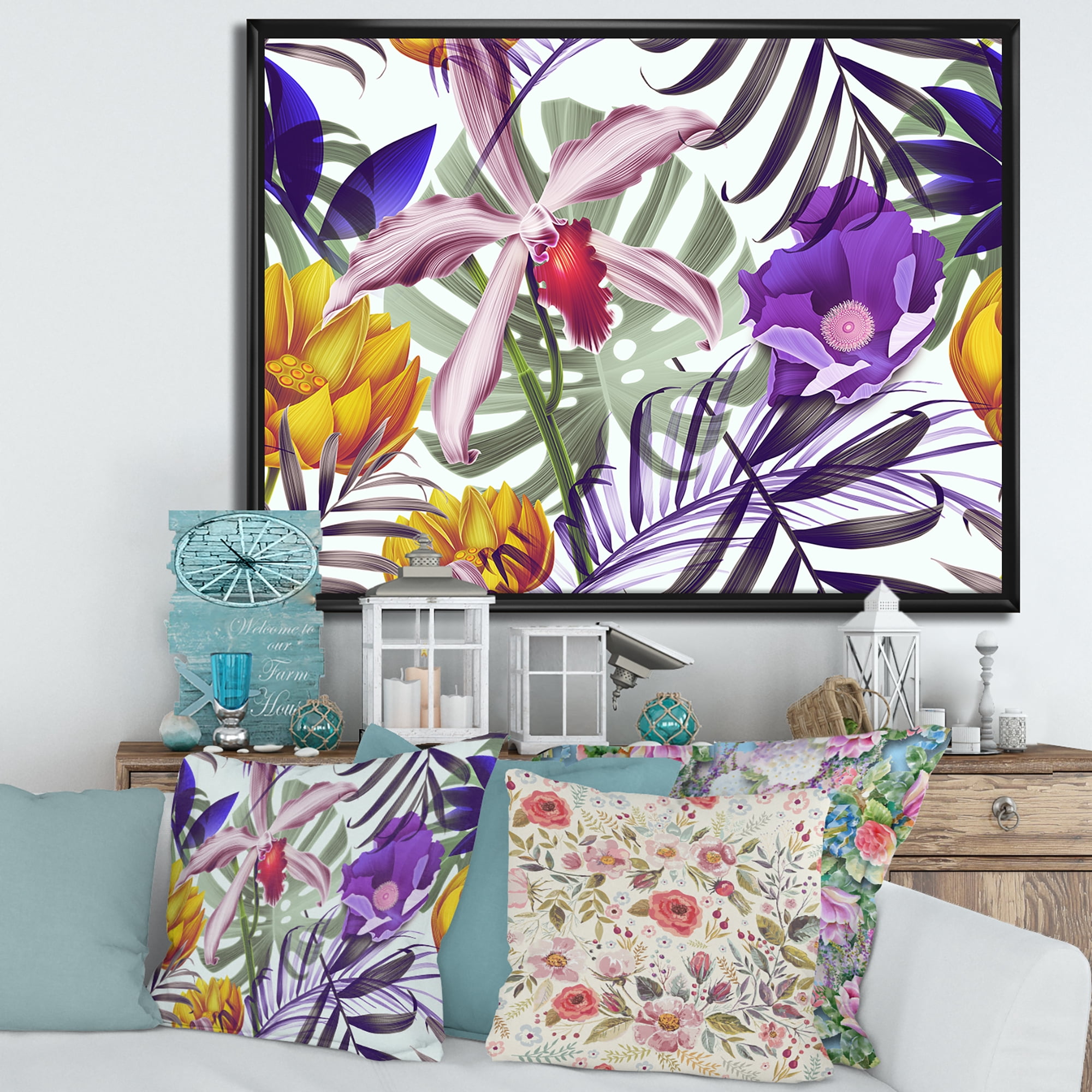 Designart 'VIntage Tropical Flowers IX' Traditional Framed Canvas Wall Art Print