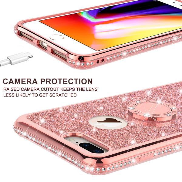 Iphone 7 Plus Case Iphone 8 Plus Case W Temper Glass Glitter Cute Phone Case Kickstand Bling Diamond Bumper Ring Stand Protective Pink Iphone 7 Plus 8 Plus Case For Girl Women