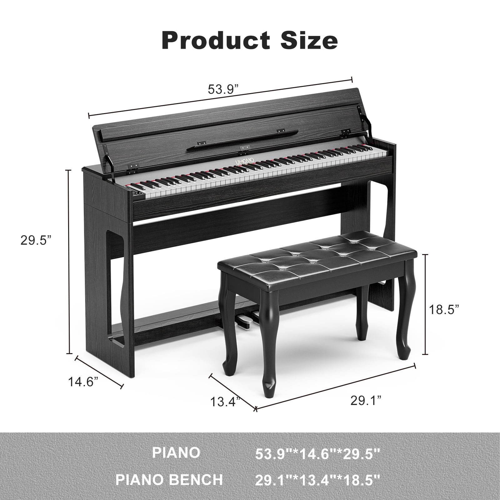 UMOMO 88 Weighted Key Digital Piano with Duet Piano Bench, Beginner Keyboard Piano Full Size Heavy Hammer Weighted Action Electric Piano Keyboard with USB MIDI, Black