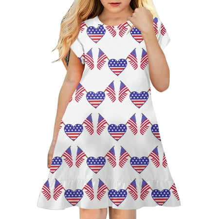 

Summer Dresses For Girls Toddler Kids Fourth Of July Independent Day Star Stripes Prints Short Sleeves Party Princess Formal Dress