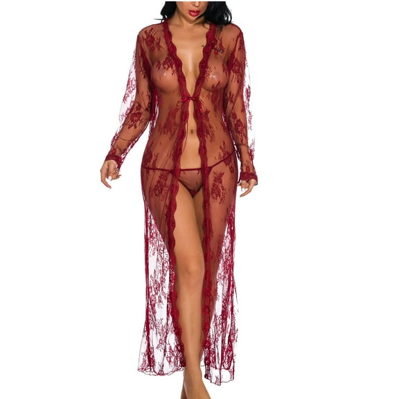 AOOCHASLIY Pajamas for Women Women Lace One-Piece Underwear Cardigan Long Nightgown See-Through Pajamas