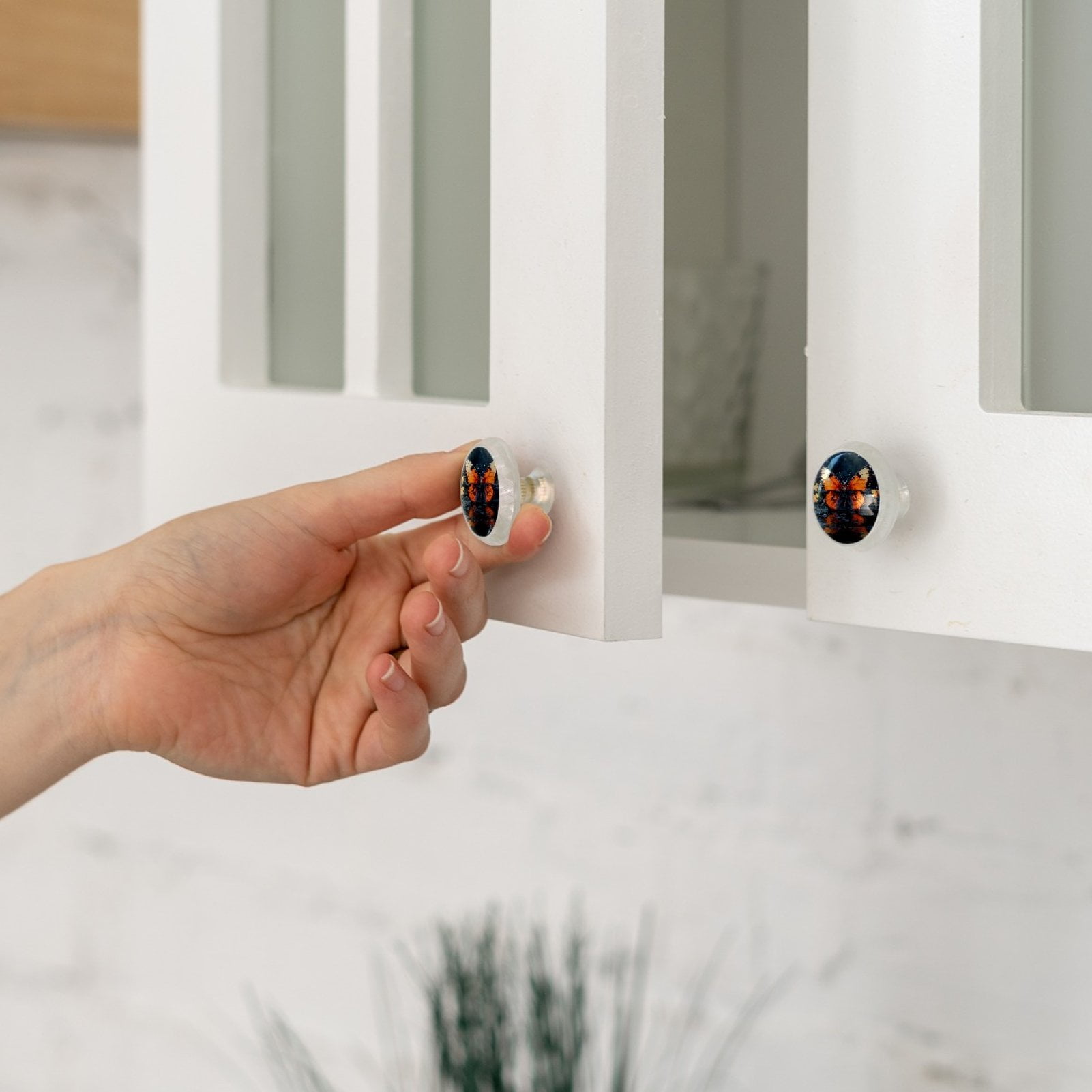 HemaKayy 4 Pack 1.37" Decorative Cabinet Knobs - Elegant ABS Glass Handles for Home Furniture Decor - Dresser Drawer Door Pulls - Perfect for Kitchen Bedroom - Orange Butterfly Water Reflect