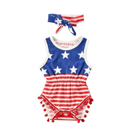 

GuliriFei Baby s Independence Day Clothes Set Sleeveless Stars and Striped Jumpsuit and Headband
