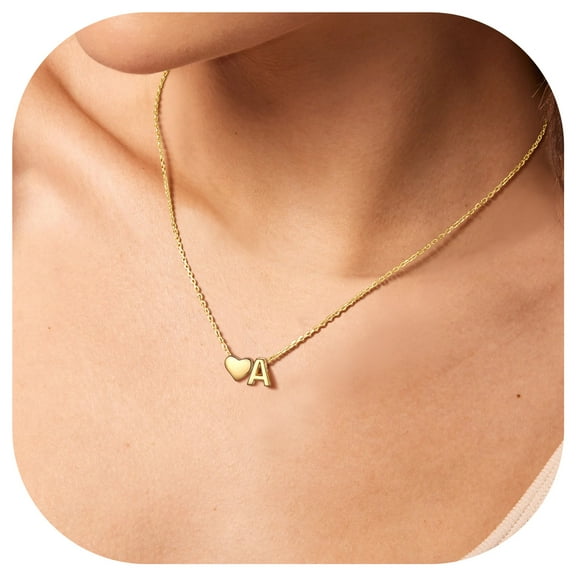 ChicSilver Heart Initial Letter Necklace, 14K Gold Plated, Women's Dainty Jewelry