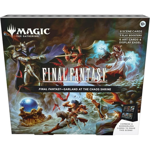 Magic: The Gathering Final Fantasy Scene Box - Garland at The Chaos Shrine | 6 Foil Borderless Scene Cards, 6 Art Cards, 3 Play Boosters   1 Display Easel