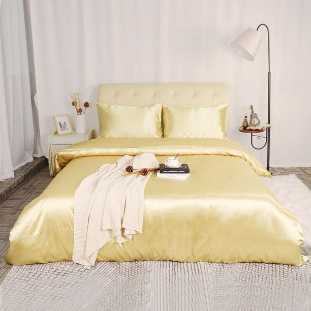 Silk Satin 3 Piece Bedding Duvet Cover And Pillow Sham Set Gold