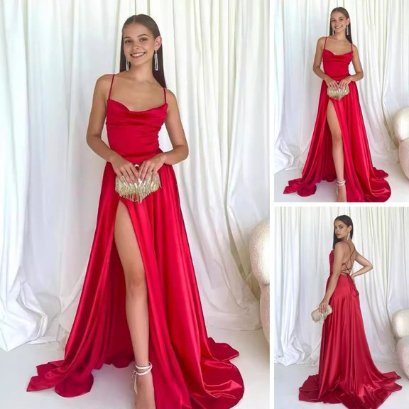 BAETEUY Lady Evening Dress, Low-cut Collarless, Backless, Sleeveless, Spaghetti Strap, Maxi Dress, Slim Fit, High Slit, Solid Color, Satin, Banquet, Ball Dress