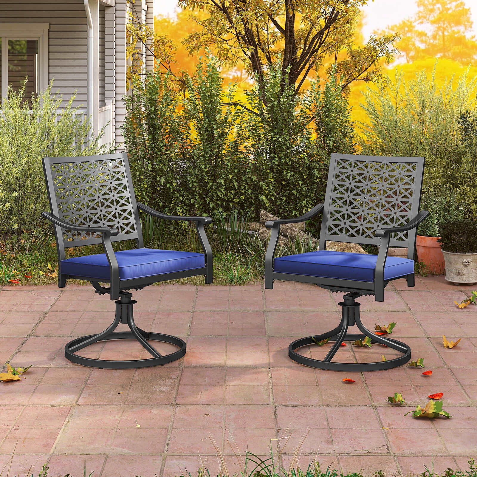 Costway 4 PCS Outdoor Swivel Chairs Patio Dining Chairs with Padded Cushions High Back Navy