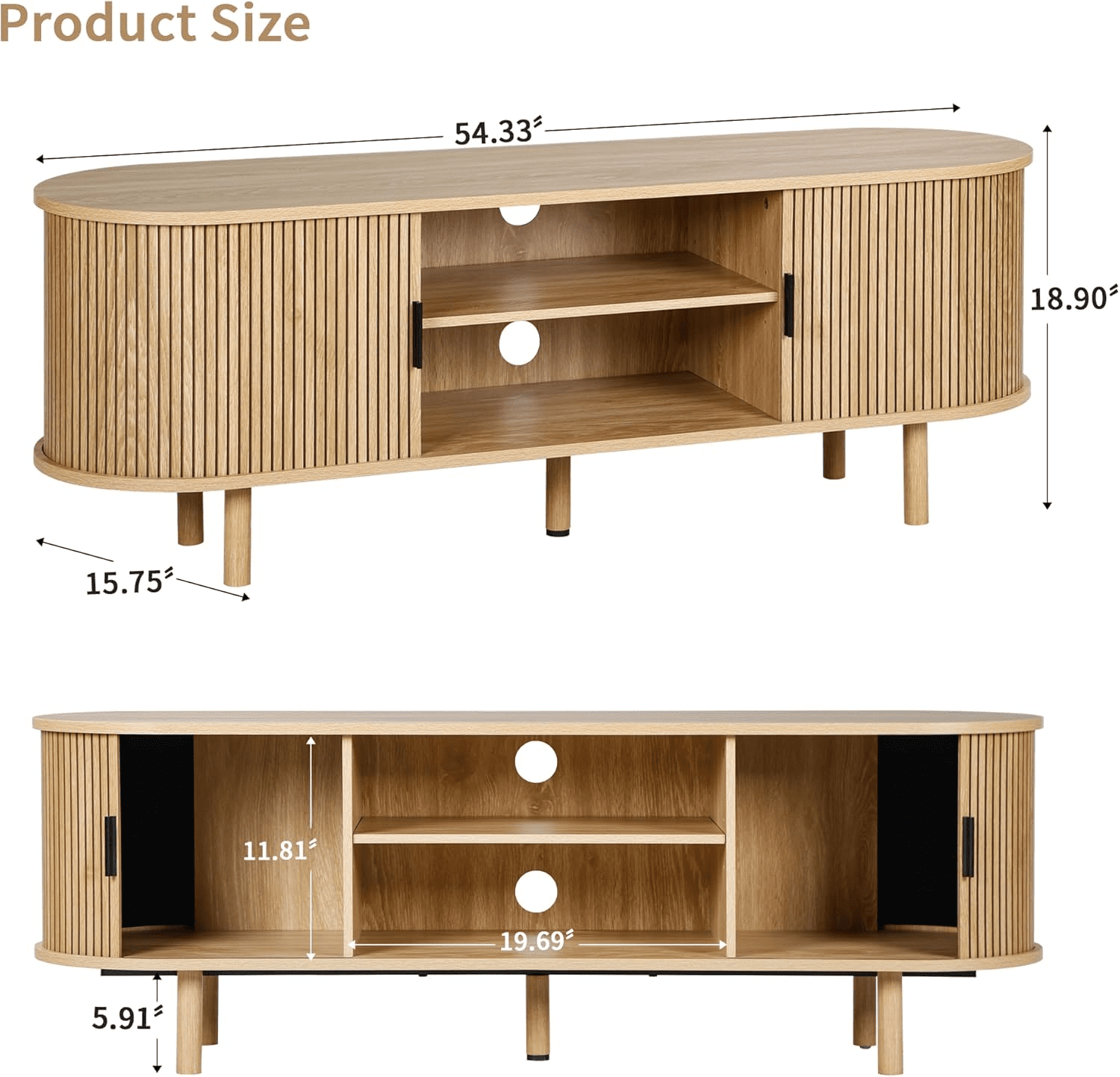LEFHDA Tambour Door TV Stand, Mid Century Modern TV Cabinet and Entertainment Center, Modern TV Console Table for 65“ TV, Curved Edge Storage Cabinet (54" Oak)