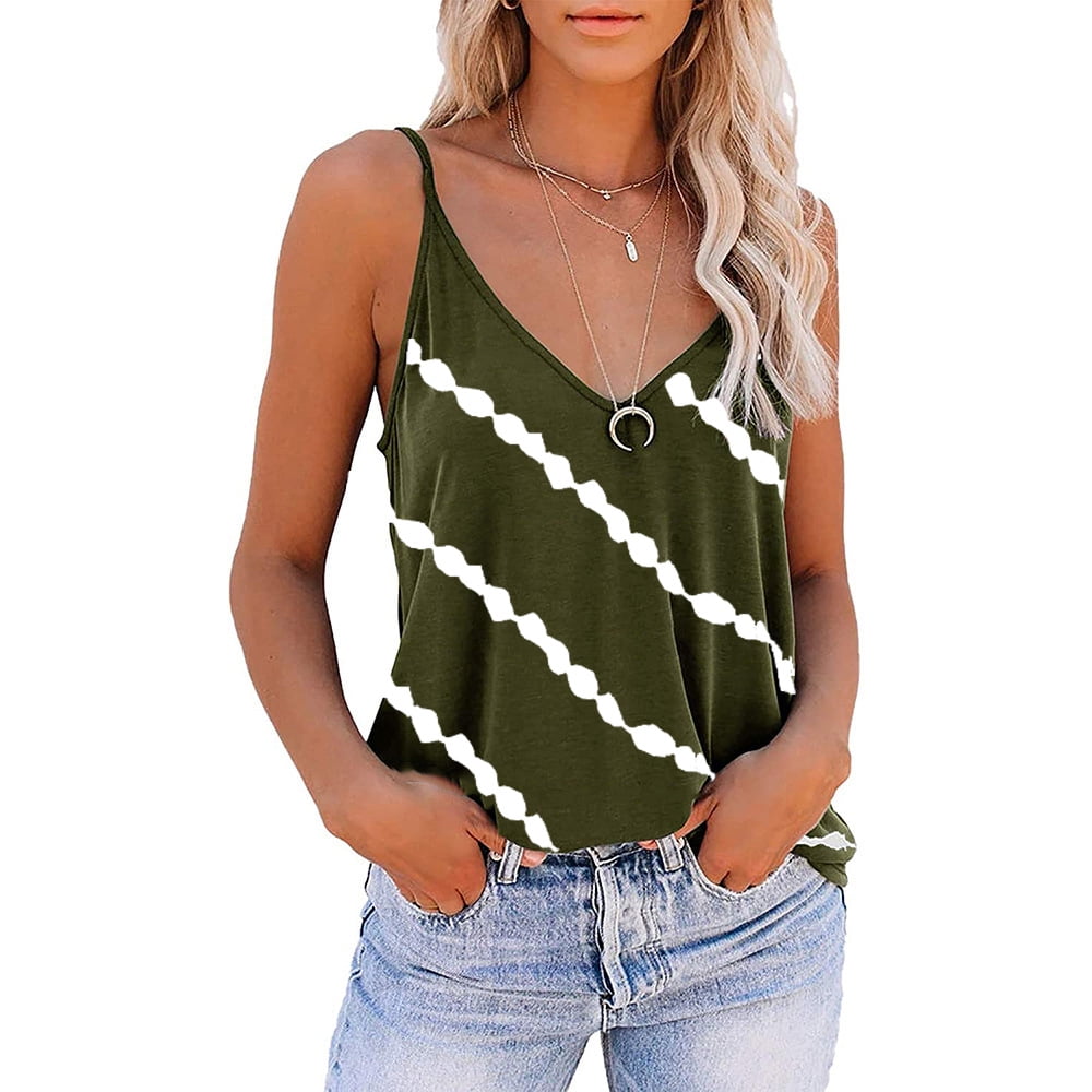 Womens Striped Print Sleeveless Tops Tank V Neck Loose Casual Vest Cami Blouse