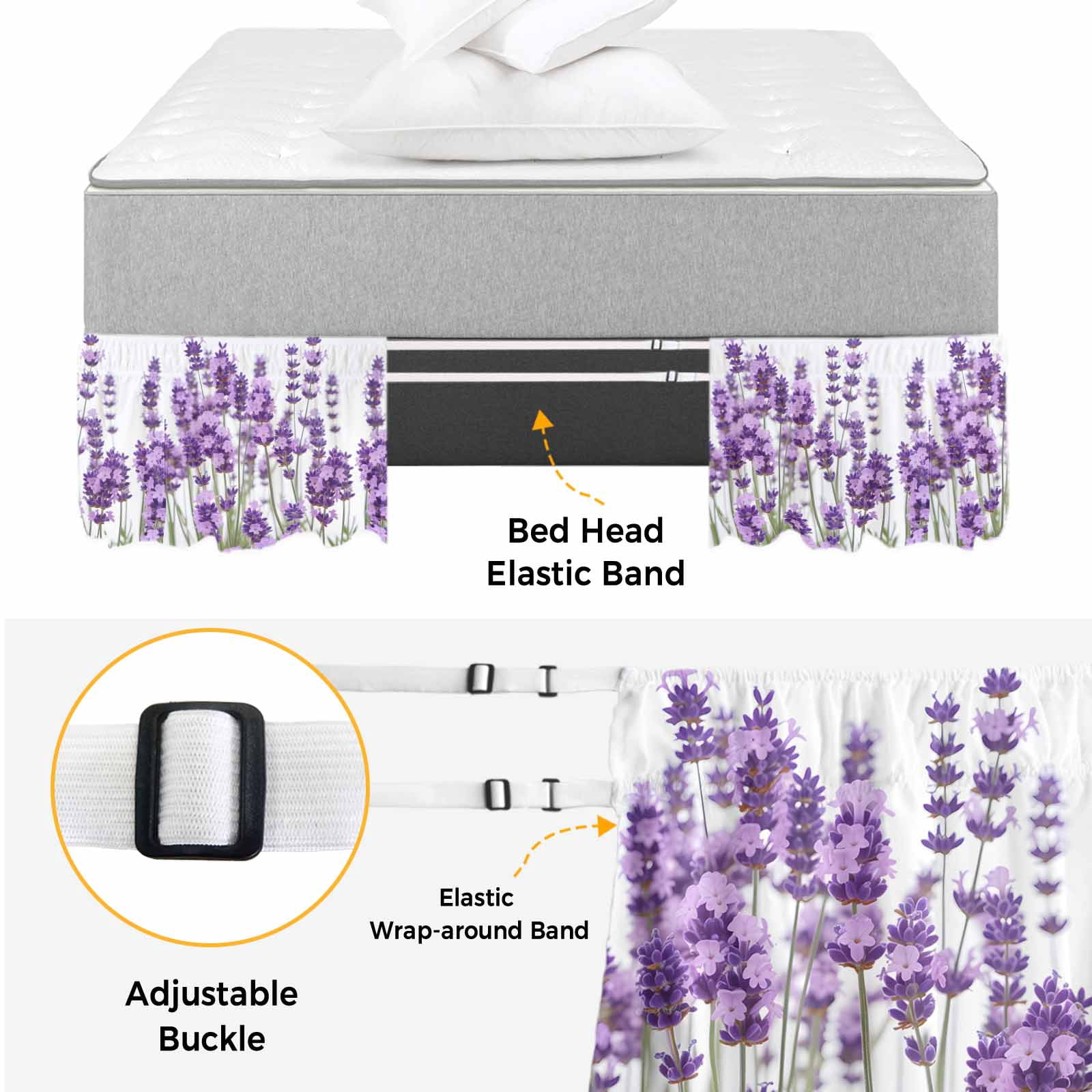 Bed Skirt Lavender Adjustable Elastic Wrap-Around Dust Ruffle with Purple Floral Leaves Plant White Background 18 Inch Drop, Bed Frame Cover for Queen Size Bed