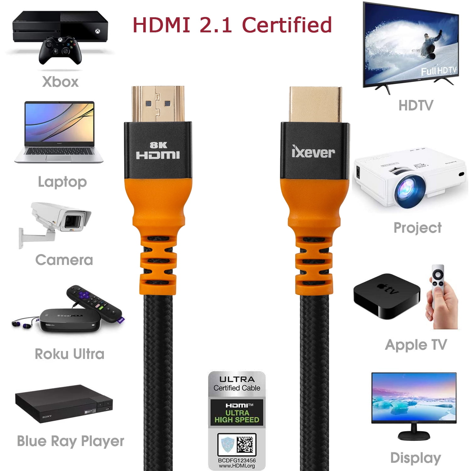 HDMI 2.1 Cable Certified 16FT/5M [2Pack], iXever 48Gbps Ultra High Speed  8K60 4K120 144Hz RTX 3090 eARC HDR10 HDCP 2.2&2.3 Dolby Compatible with