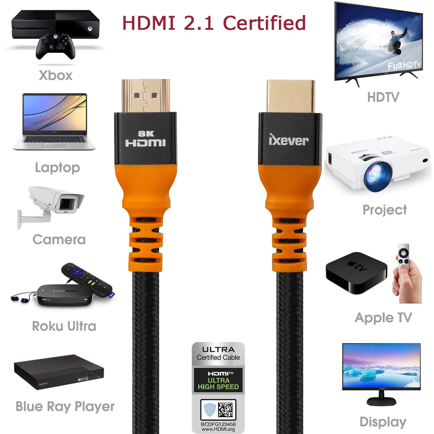 HDMI Cable 8K 16ft Certified, iXever Ultra 48Gbps High Speed 8K@60 4K@120 4K@144Hz Braided HDMI 2.1 Cable Cord Support eARC HDR10 HDCP 2.2&2.3