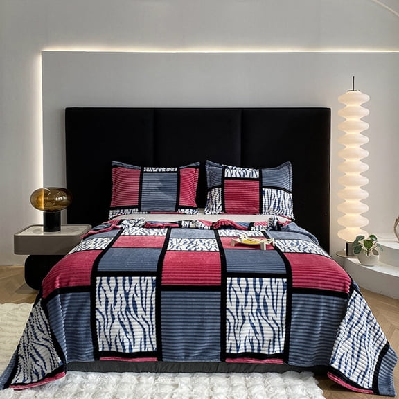 Patchwork Flannel Summer Blanket Soft Fuzzy Warm Multifunctional Throw Color Block Striped Design Washable Napping Bed Blanket 39×59 In