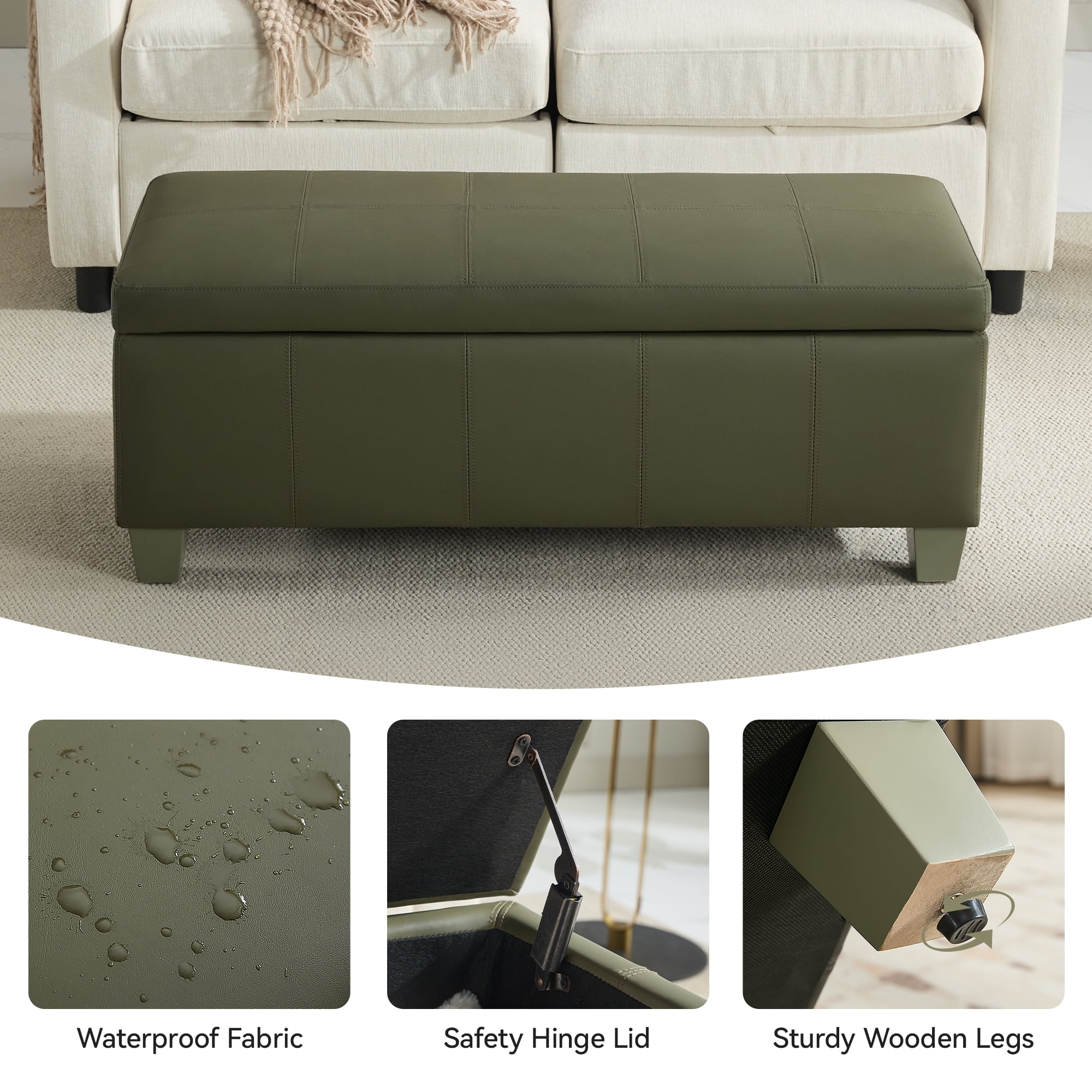 41'' Faux Leather Storage Ottoman Bench, Rectangle Upholstered Storage Bench with Wooden Legs, Stitch Tufted Bench with Storage for Bedroom, Living Room, Entryway, Green