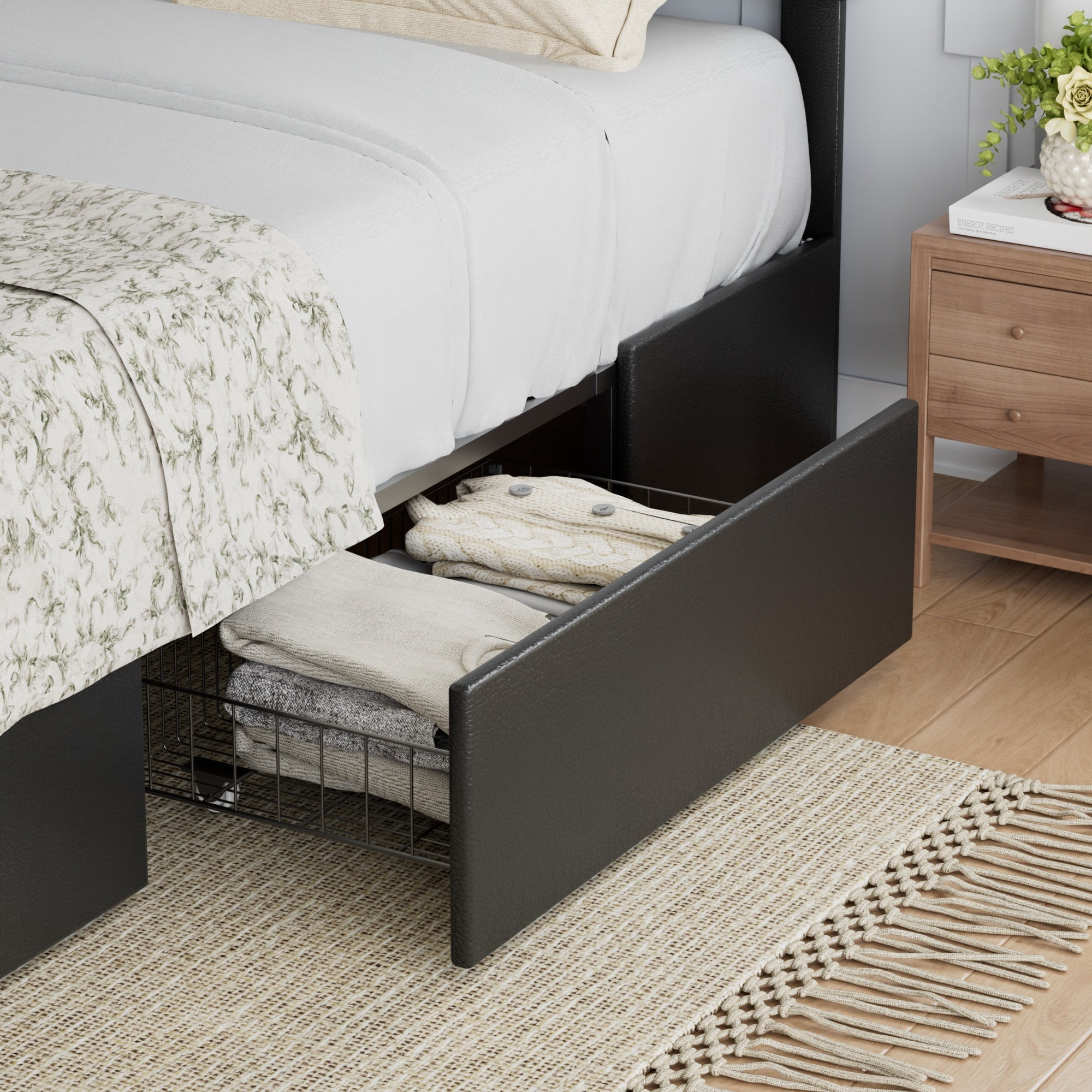 VECELO Full Size Upholstered Bed Frame with 3 Drawers & Adjustable Headboard, Under Bed Storage, Black