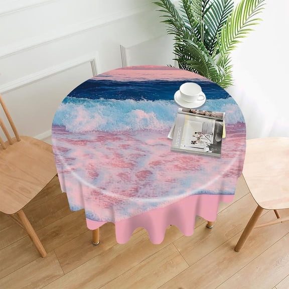 RKSupls 60 Inch Round Tablecloth, Pink Beach Wave Sunset Premium Polyester Straight Edge Wrinkle Resistant Washable Table Cover for Party Home Dining Decor