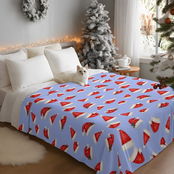 Throw Blanket Fleece Throw Blanket 50x60in, Winter Christmas Red Santa Hat on Lavender Soft Lightweight Bed Blankets Seamless Hats Fuzzy Couch Blankets for All Season