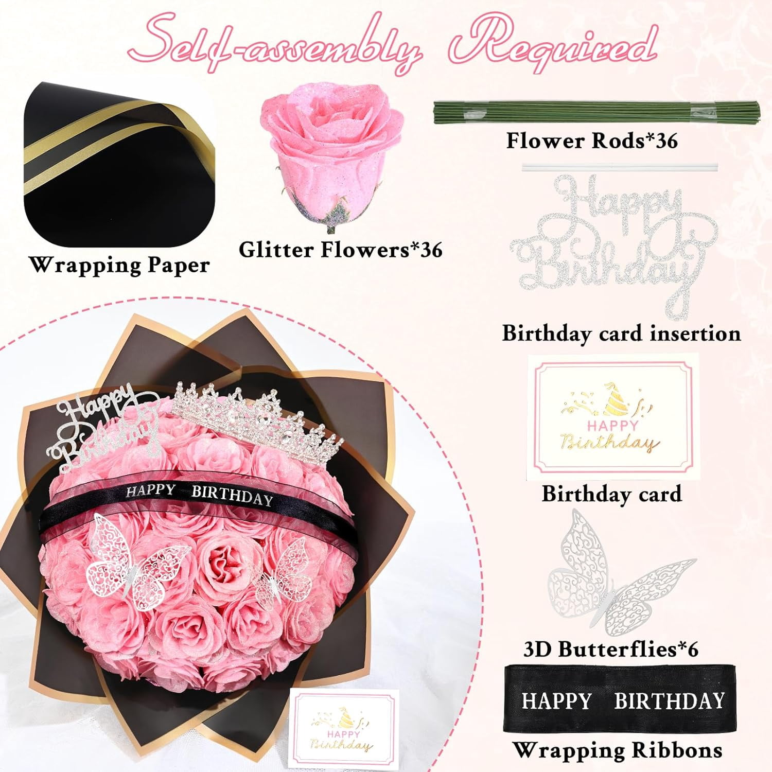 Yastouay Glitter Roses Bouquet,DIY Birthday Fake Roses,36Pcs Pink Everlasting Shiny Artificial Rose Bouquet As Birthday Gifts for Women