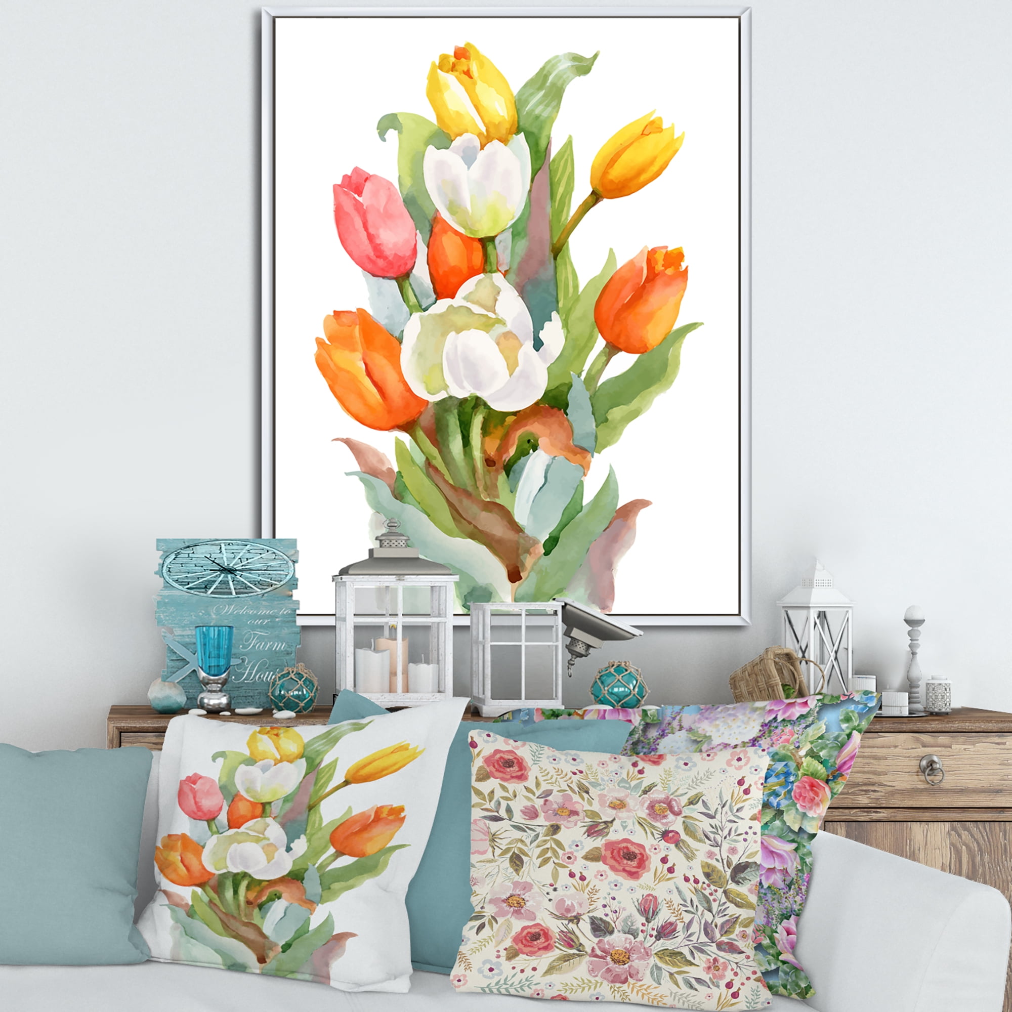 Designart 'Blooming Orange and White Tulips Flower' Traditional Framed Canvas Wall Art Print