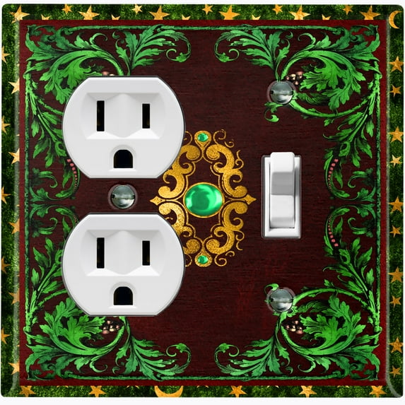 Metal Light Switch Plate Cover Elegant Green Maroon Starry Night Damask Frame FRA022