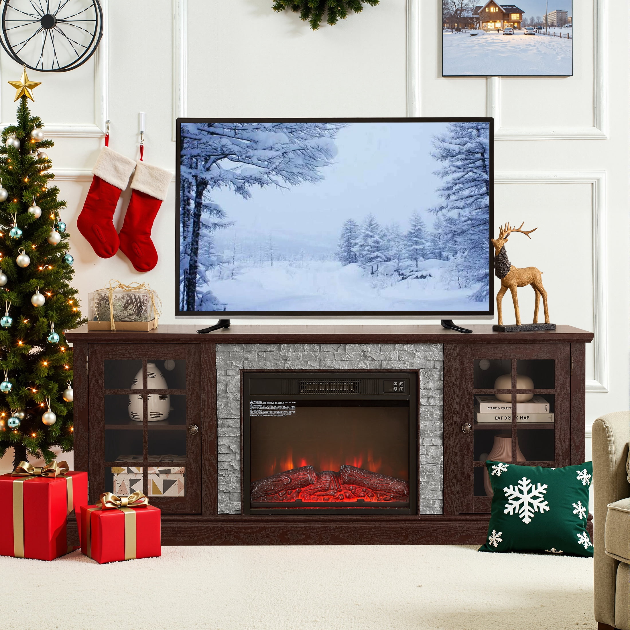 UHOMEPRO Fireplace TV Stand for TVs up to 75", White Large Entertainment Center with 23" Electric Fireplace for Living Room, 70" Modern TV Stand with 2-Door Storage