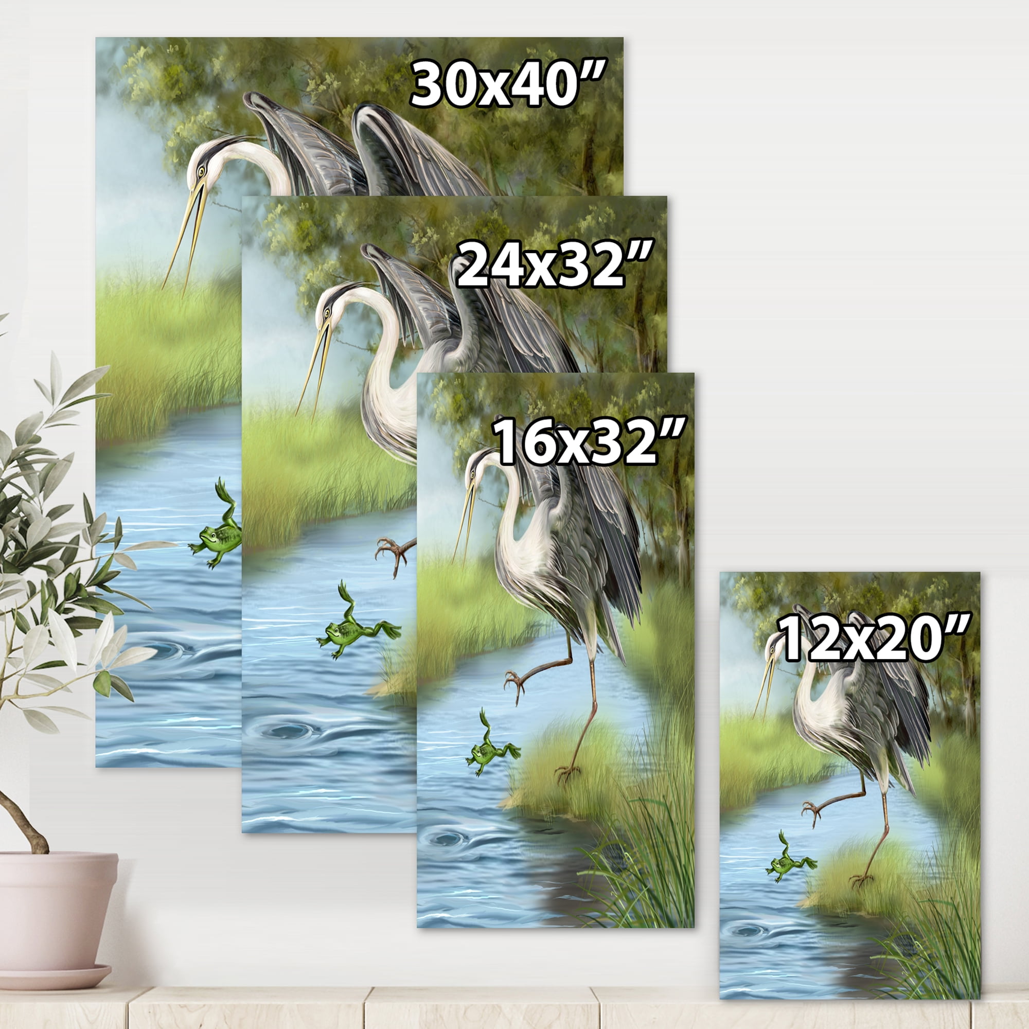 Designart ' Crane Hunting A Frog ' Farmhouse Canvas Wall Art Print