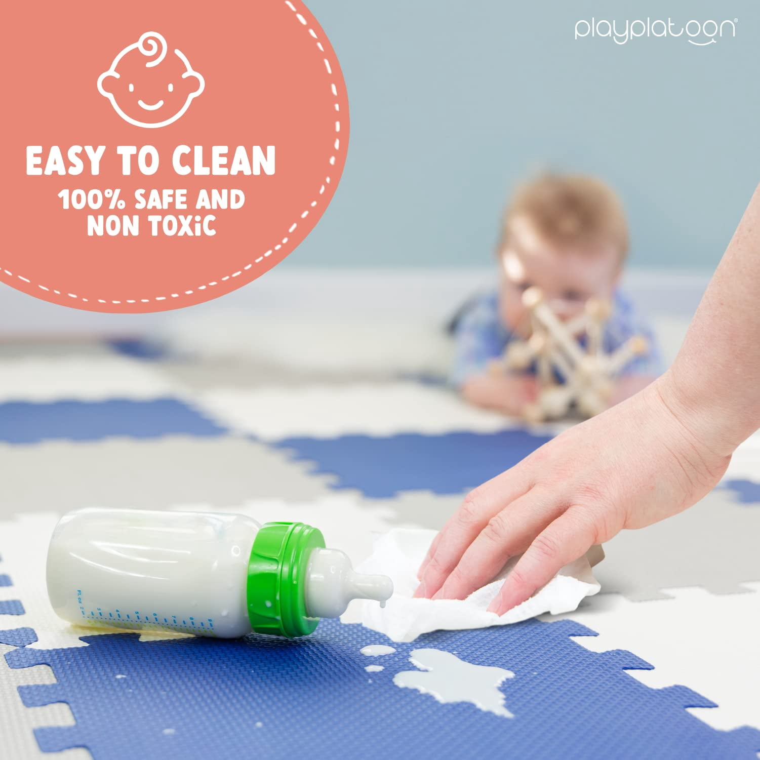 Play Platoon Non-Toxic Foam Puzzle Floor Mat, Comfortable, Extra Thick, Cushiony Exercise and Play Mat for Toddlers, Kids & Adults, 36 Tiles (12"x12"), Grey/Cream/Navy