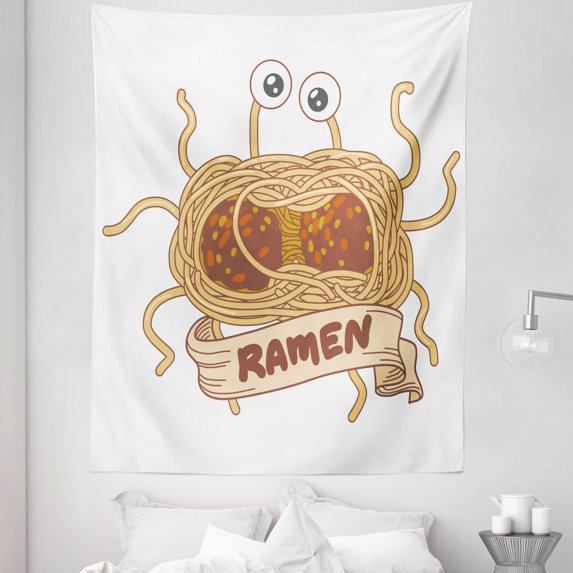 Humorous Tapestry, Cartoon Design Image of Flying Spaghetti Monster with Ramen Written Ribbon, Fabric Wall Hanging Decor for Bedroom Living Room Dorm, 5 Sizes, Multicolor, by Ambesonne