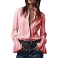 thumbnail image 2 of Babysbule Women's Satin Ruffle Collar Zip Front Blouse, Flounce Cuff Long Sleeve Casual Top for Office & Evening Wear, 2 of 8