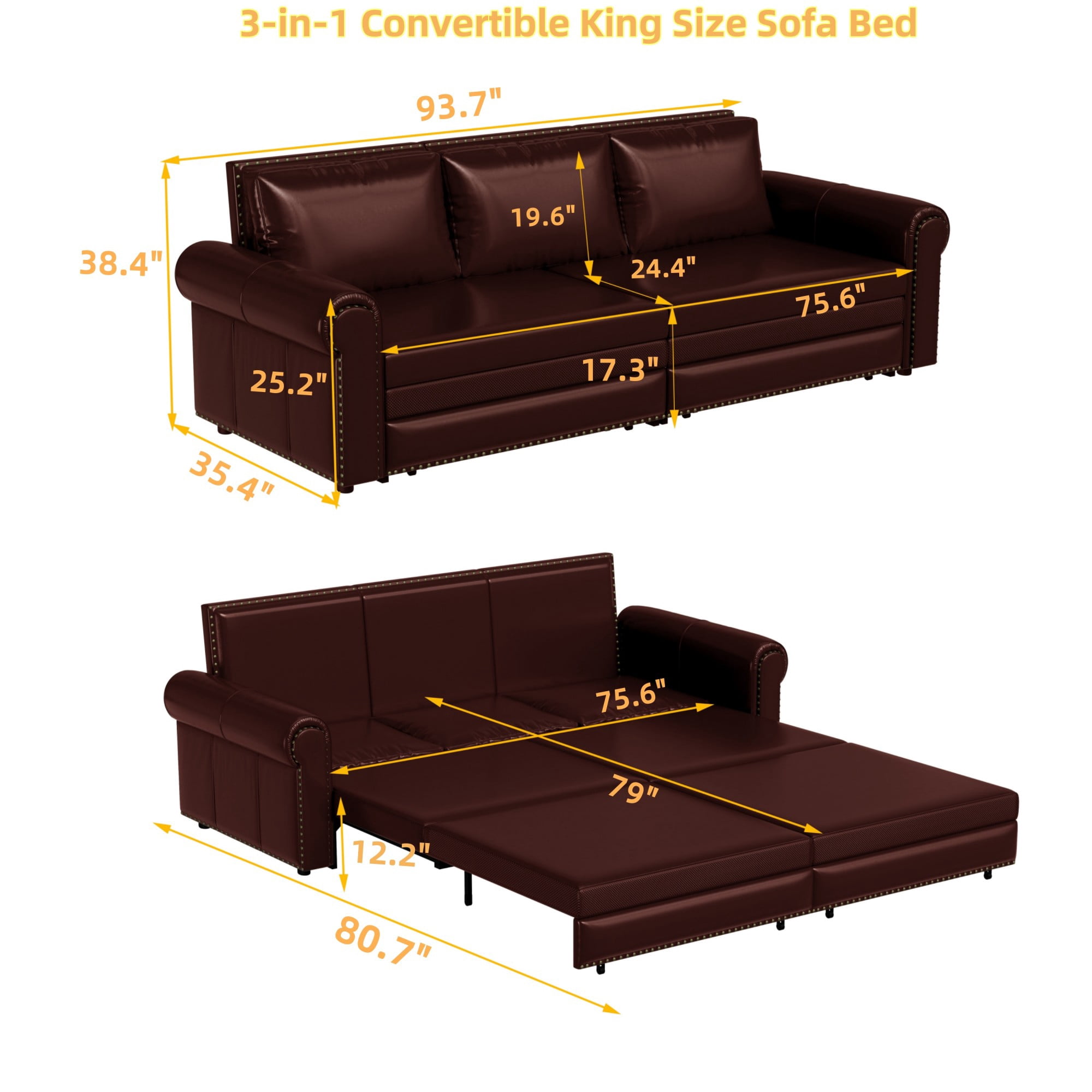 Aukfa 93.7" King Pull Out Sofa Bed, Faux Leather 3-in-1 Convertible Chesterfield Sleeper Sofa Couch with Nailhead Trim & Rolled Arms, Burgundy