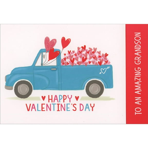 Pictura Blue Pickup Truck with Heart Balloons and Bed Full of Hearts Valentine's Day Card for Grandson