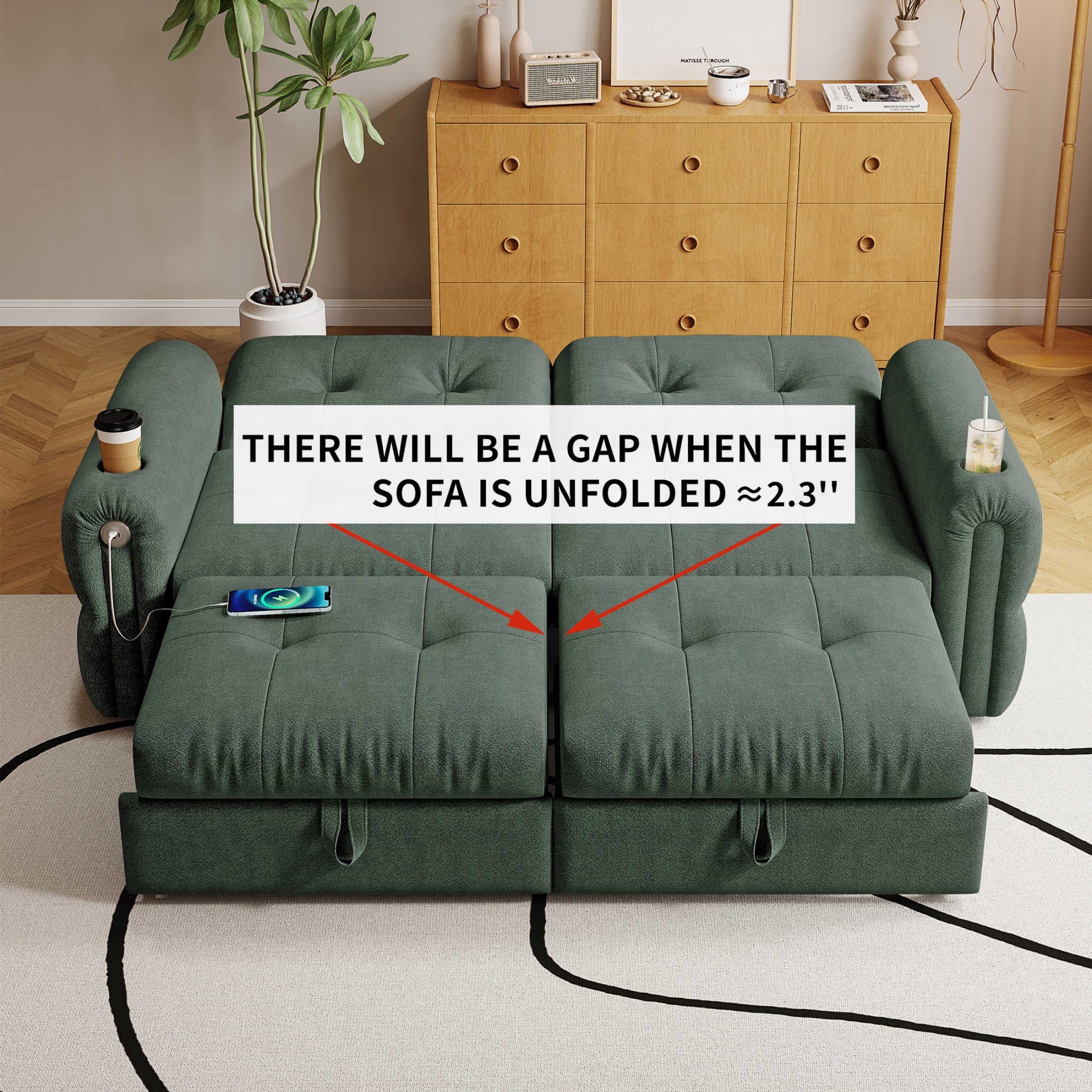 77" Queen Size Sofa Bed, Loveseat Sleeper Sofa with Pull Out Bed and USB, 2 Seater Convertible Small Couch for Living Room Bedroom Apartment (Green, Chenille)