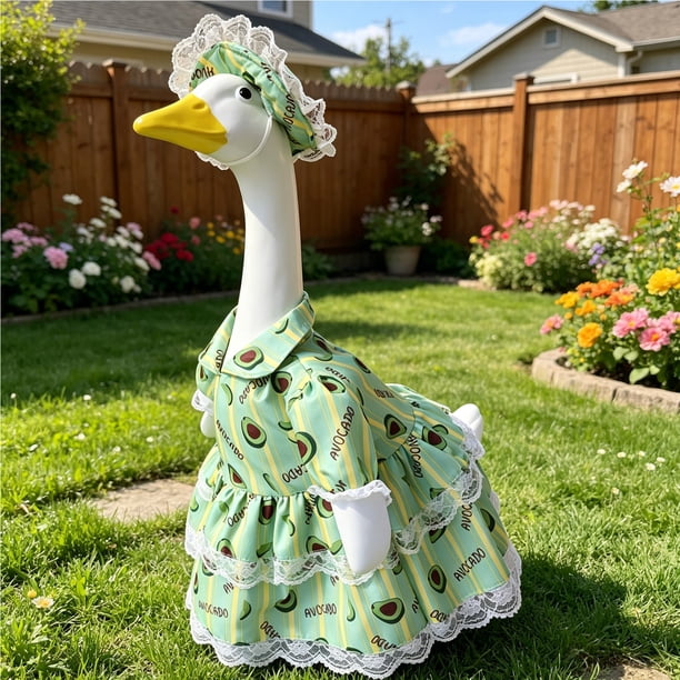Vestido de estampado y conjunto de sombrero para gansos de jardín de 23 pulgadas, decoración caprichosa de exteriores para primavera, poliéster resistente a la intemperie, correas ajustables.