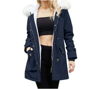 Down Coats for Women Women's Winter Hooded Coat Parkas Overcoat with Pockets Fleece Long Outwear Jacket with Drawstring Thicken Parka Coat S-126 Blue 3XL