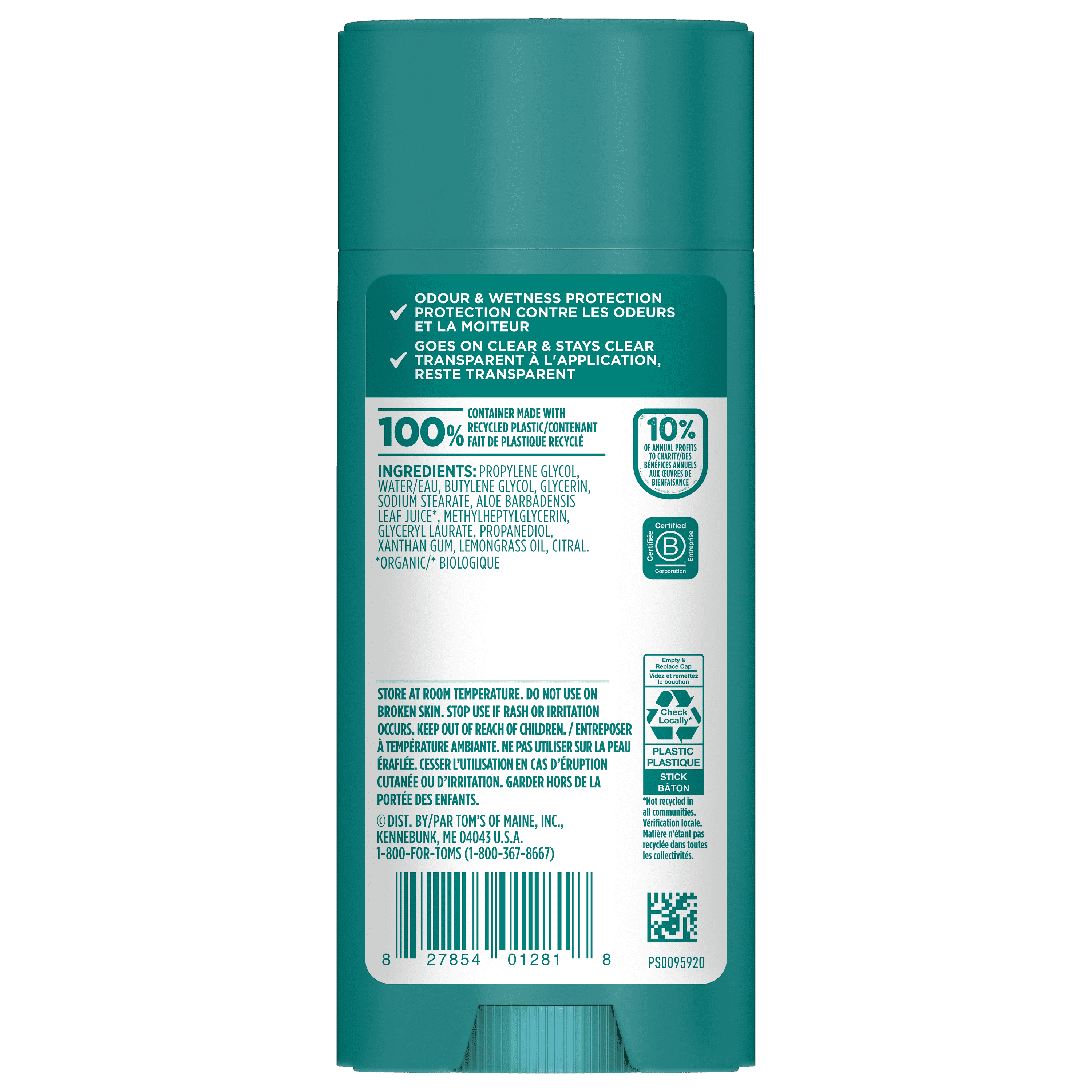 Déodorant naturel Tom’s of Maine Non parfumé pour femmes et hommes, Sans aluminium, 92 g