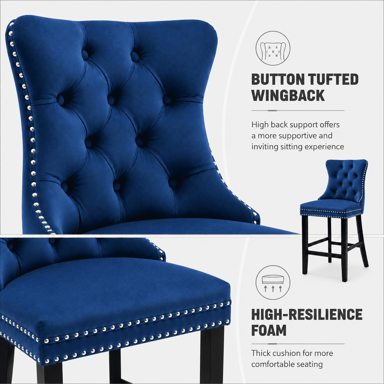 Bar Stools Set of 4, PAPROOS Velvet Bar Stool with Back, Solid Wood Frame & Nailhead Trim, Counter Height Bar Chair Button Tufted Upholstered Seat, Full Back Bar Stools, Blue