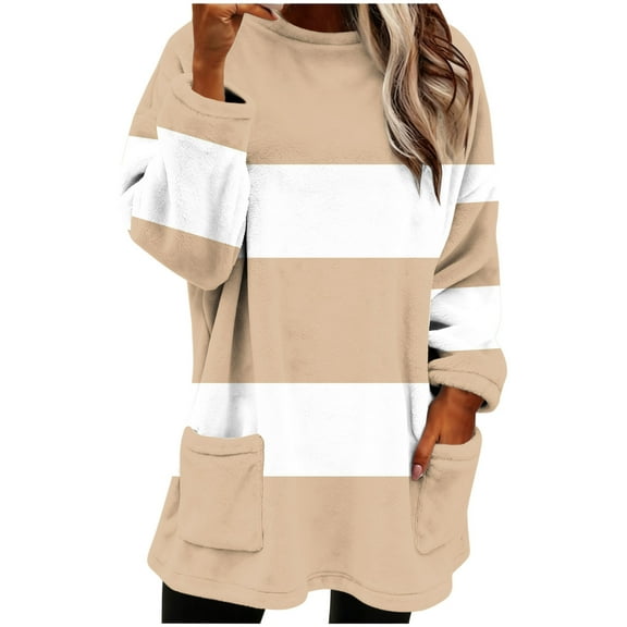 Womens Long Length Fall Clothes, Long Sleeve Pullover for Women Plus Size Fashion Warm Fleece Color Patchwork Crewneck Sweatshirts with Pockets