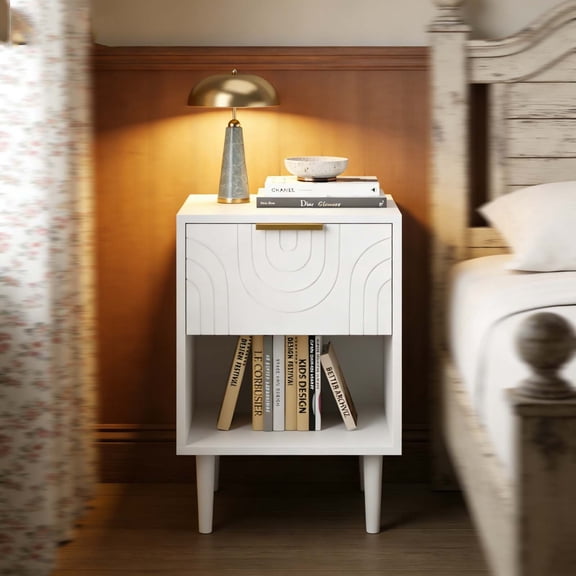 White Night Stand with Drawer & Gold Handle, Modern Wood Leg Compact Bedside Table, Kids End Table for Boys Girls Small Bedrooms