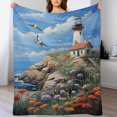 thumbnail image 5 of Lighthouse Sunrise Coast Scenery Pale Blue Tan Flannel Blanket Lightweight Blanket for Couch Sofa Bed, Super Soft Cozy Print Warm Blanket, 5 of 8