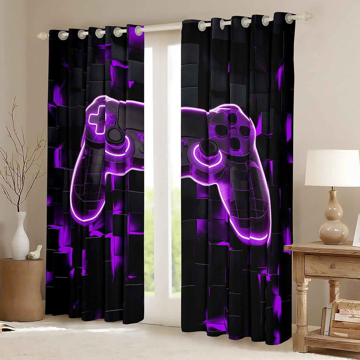 Gaming 30%-50% Blackout Curtains Gamer Room Decor Curtains,Modern Abstract Plaid Bedroom Curtains Purple Geometry Honeycomb Print Window Curtains Gamepad Controller Curtains,2 Panels 42"Wx63"L