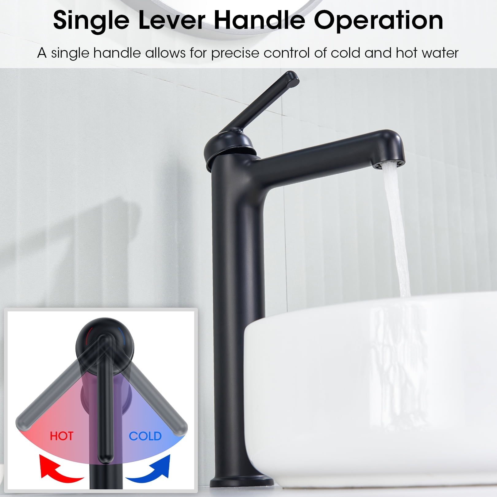 Wowkk Matte Black Bathroom Faucets 9.84" High Spout Tall Basin Faucet, Single Handle Bathroom Sink Faucet with Pop Up Drain and Faucet Supply Lines