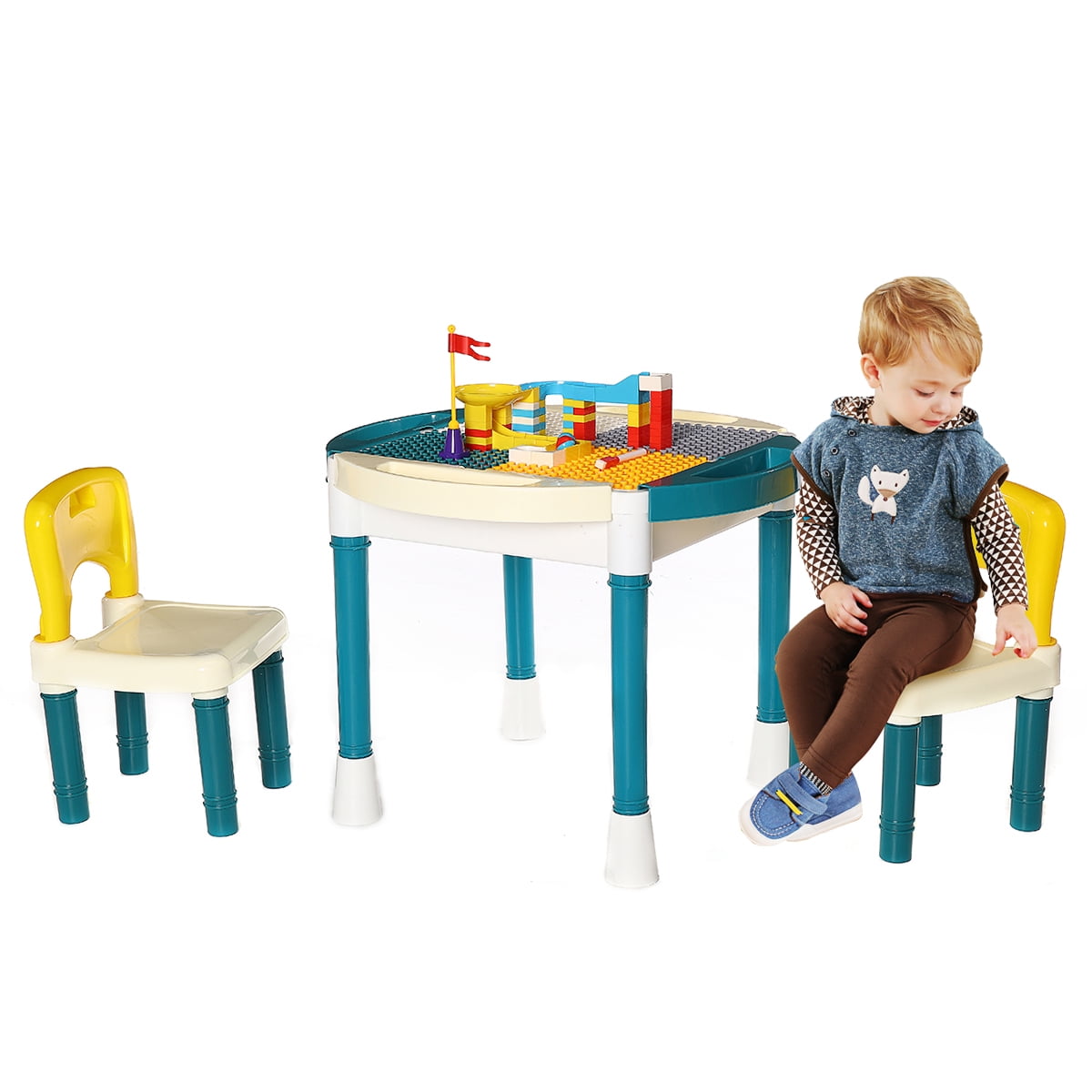 Kids Activity Table with 2 Chairs and 67PCS Building Blocks, Storage