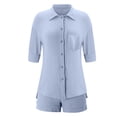 thumbnail image 4 of Htigea Women's Summer Two Piece Sets Short Sleeve Button Down Shirts Drawstring Shorts Linen Outfits Casual Beach Wear Light Blue S, 4 of 5