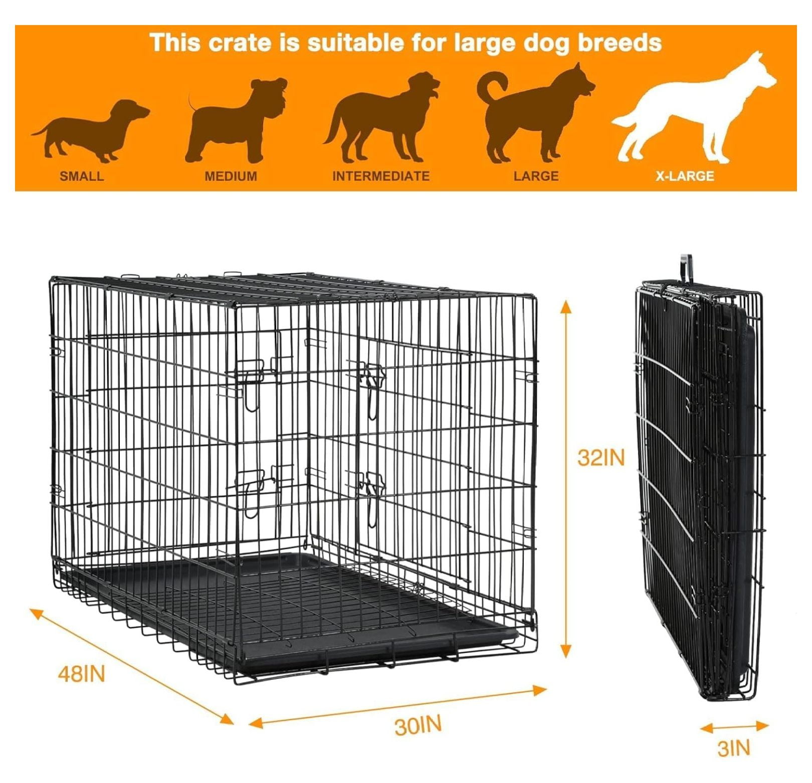 Inch Dog Crates for Large Dogs Folding Dog Cage Metal Wire Crates Portable Pet Kennels Outdoor and Indoor Pet Dog Cage Crate with Double-Door, Divider Panel, Removable Tray, Black